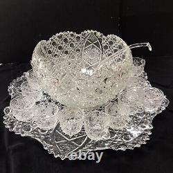 Vintage LE Smith RARE COMPLETE PUNCH BOWL SET Glass DAISY & BUTTON-in Orig. Box