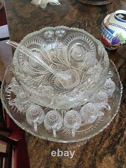 Vintage LE smith Crystal Punch/Serving bowl, platter on silver stand with 15