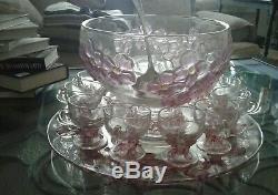 Vintage Lancaster Glass Colony Crystal Pink Dogwood Punch bowl set 12 cups