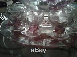 Vintage Lancaster Glass Colony Crystal Pink Dogwood Punch bowl set 12 cups