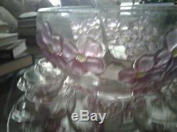 Vintage Lancaster Glass Colony Crystal Pink Dogwood Punch bowl set 12 cups