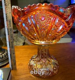 Vintage Large CARNIVAL GLASS PUNCH BOWl With Pedestal Base Marigold Red 2 Part