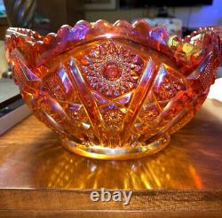 Vintage Large CARNIVAL GLASS PUNCH BOWl With Pedestal Base Marigold Red 2 Part