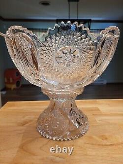 Vintage Large Cambridge Glass Punch Bowl With Stand And Silver Plated Ladle