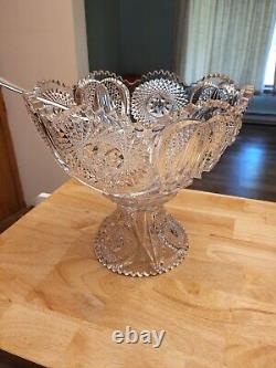 Vintage Large Cambridge Glass Punch Bowl With Stand And Silver Plated Ladle