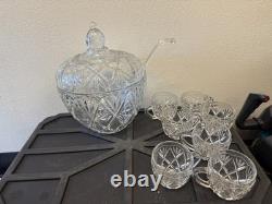 Vintage Large Cut Crystal Punch Bowl Set 9-Pieces 1 Bowl, 1 Top, 7 Cups/Glasses