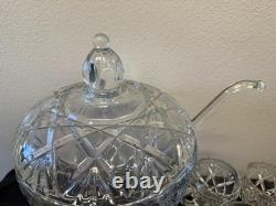 Vintage Large Cut Crystal Punch Bowl Set 9-Pieces 1 Bowl, 1 Top, 7 Cups/Glasses