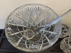 Vintage Large Cut Crystal Punch Bowl Set 9-Pieces 1 Bowl, 1 Top, 7 Cups/Glasses
