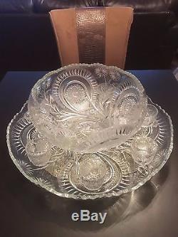 Vintage Large Cut Glass Crystal Punch Bowl W Extra Large Platter and Cups