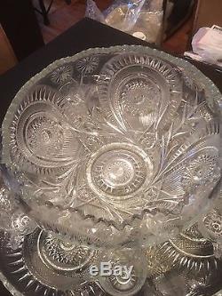 Vintage Large Cut Glass Crystal Punch Bowl W Extra Large Platter and Cups