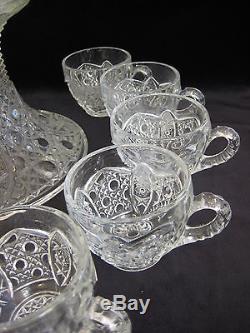 Vintage Large Cut Glass Punch Bowl Set (Bowl, Stand, 12 Cups), 16 1/2 D X 14 T
