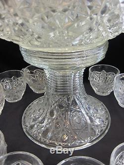 Vintage Large Glass Punch Bowl Set (Bowl, Stand, 12 Cups), 16 1/2 D X 14 T
