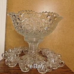 Vintage Large Glass Punch Bowl Set (Bowl, Stand, 12 Cups), 17 D X 14 TALL