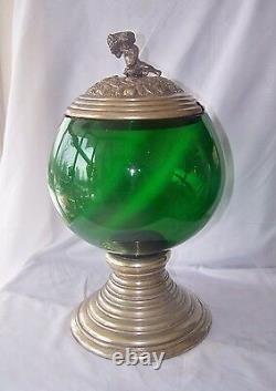 Vintage Large Hand Blown German Silverplate & Green Glass Punch Bowl w Cover