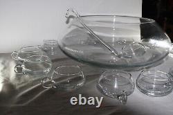 Vintage Libbey Moderno Punch Bowl 14pc Set withLadle Hand Blown Glass MCM