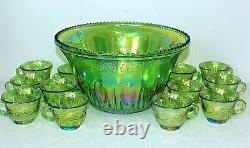 Vintage Lime Green Indiana Carnival Glass Punch Bowl Set with12 Cup, Grapes Leaves