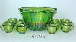 Vintage Lime Green Indiana Carnival Glass Punch Bowl Set with12 Cup, Grapes Leaves