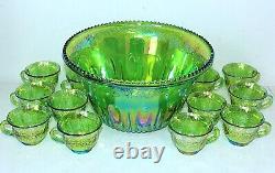 Vintage Lime Green Indiana Carnival Glass Punch Bowl Set with12 Cup, Grapes Leaves