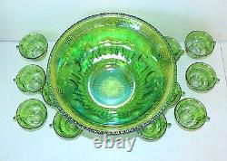 Vintage Lime Green Indiana Carnival Glass Punch Bowl Set with12 Cup, Grapes Leaves