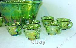 Vintage Lime Green Indiana Carnival Glass Punch Bowl Set with12 Cup, Grapes Leaves