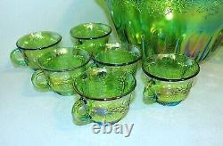 Vintage Lime Green Indiana Carnival Glass Punch Bowl Set with12 Cup, Grapes Leaves