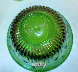 Vintage Lime Green Indiana Carnival Glass Punch Bowl Set with12 Cup, Grapes Leaves