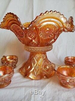 Vintage Lovely Imperial Carnival Glass Fashion Marigold Punch Bowl Set