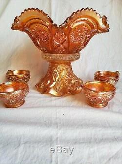 Vintage Lovely Imperial Carnival Glass Fashion Marigold Punch Bowl Set