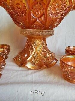 Vintage Lovely Imperial Carnival Glass Fashion Marigold Punch Bowl Set