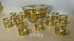 Vintage MCM Art Deco Retro Culver Gilt Decorated Punch Bowl Set 11 Cups