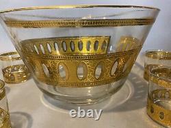 Vintage MCM Art Deco Retro Culver Gilt Decorated Punch Bowl Set 11 Cups