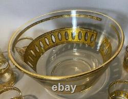 Vintage MCM Art Deco Retro Culver Gilt Decorated Punch Bowl Set 11 Cups