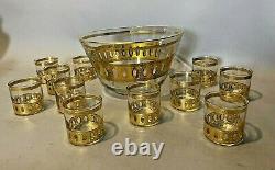 Vintage MCM Art Deco Retro Culver Gilt Decorated Punch Bowl Set 11 Cups