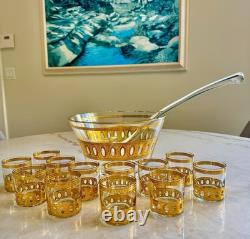 Vintage MCM Art Deco Retro Culver Gilt Decorated Punch Bowl Set 12 Cups Ladle