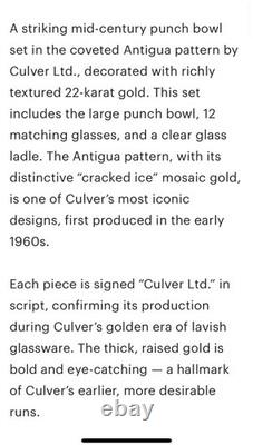 Vintage MCM Art Deco Retro Culver Gilt Decorated Punch Bowl Set 12 Cups Ladle