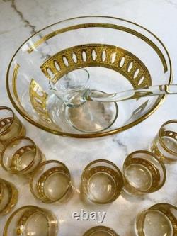 Vintage MCM Art Deco Retro Culver Gilt Decorated Punch Bowl Set 12 Cups Ladle