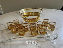 Vintage MCM Art Deco Retro Culver Gilt Decorated Punch Bowl Set 12 Cups Ladle