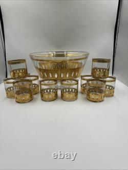 Vintage MCM Art Deco Retro Culver Gilt Decorated Punch Bowl Set Dozen Cups (12)