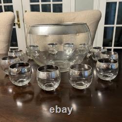 Vintage MCM Dorothy Thorpe Silver Wide Band Punch Bowl & 12 Roly Poly Cups