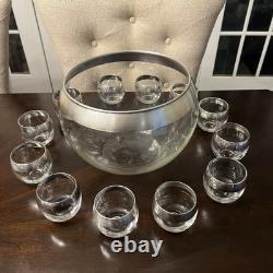 Vintage MCM Dorothy Thorpe Silver Wide Band Punch Bowl & 12 Roly Poly Cups