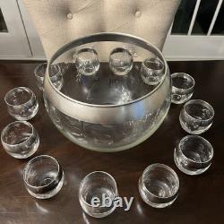 Vintage MCM Dorothy Thorpe Silver Wide Band Punch Bowl & 12 Roly Poly Cups