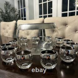 Vintage MCM Dorothy Thorpe Silver Wide Band Punch Bowl & 12 Roly Poly Cups