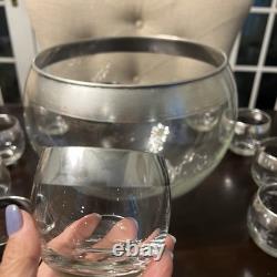Vintage MCM Dorothy Thorpe Silver Wide Band Punch Bowl & 12 Roly Poly Cups