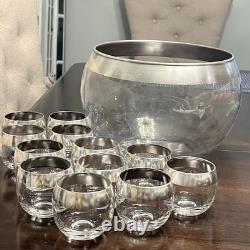 Vintage MCM Dorothy Thorpe Silver Wide Band Punch Bowl & 12 Roly Poly Cups