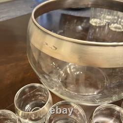 Vintage MCM Dorothy Thorpe Silver Wide Band Punch Bowl & 12 Roly Poly Cups