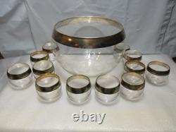 Vintage MCM Dorothy Thorpe Silver Wide Band Punch Bowl & 12 Roly Poly Cups S84JJ