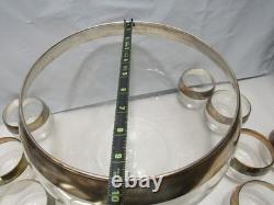 Vintage MCM Dorothy Thorpe Silver Wide Band Punch Bowl & 12 Roly Poly Cups S84JJ