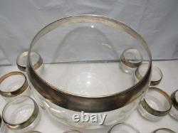 Vintage MCM Dorothy Thorpe Silver Wide Band Punch Bowl & 12 Roly Poly Cups S84JJ