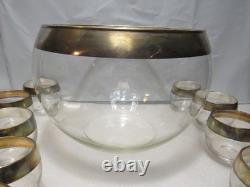 Vintage MCM Dorothy Thorpe Silver Wide Band Punch Bowl & 12 Roly Poly Cups S84JJ