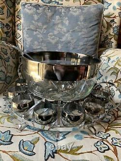 Vintage MCM Dorothy Thorpe Style 12 Roly Poly Glass Silver Fade Punch Bowl Caddy